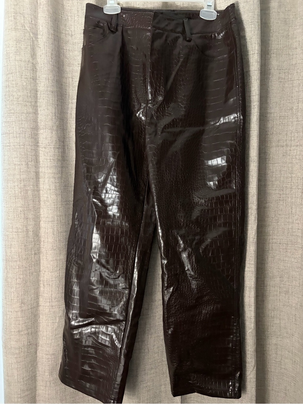 Zara Croc-Embossed Faux Leather Pants - Dark Brown